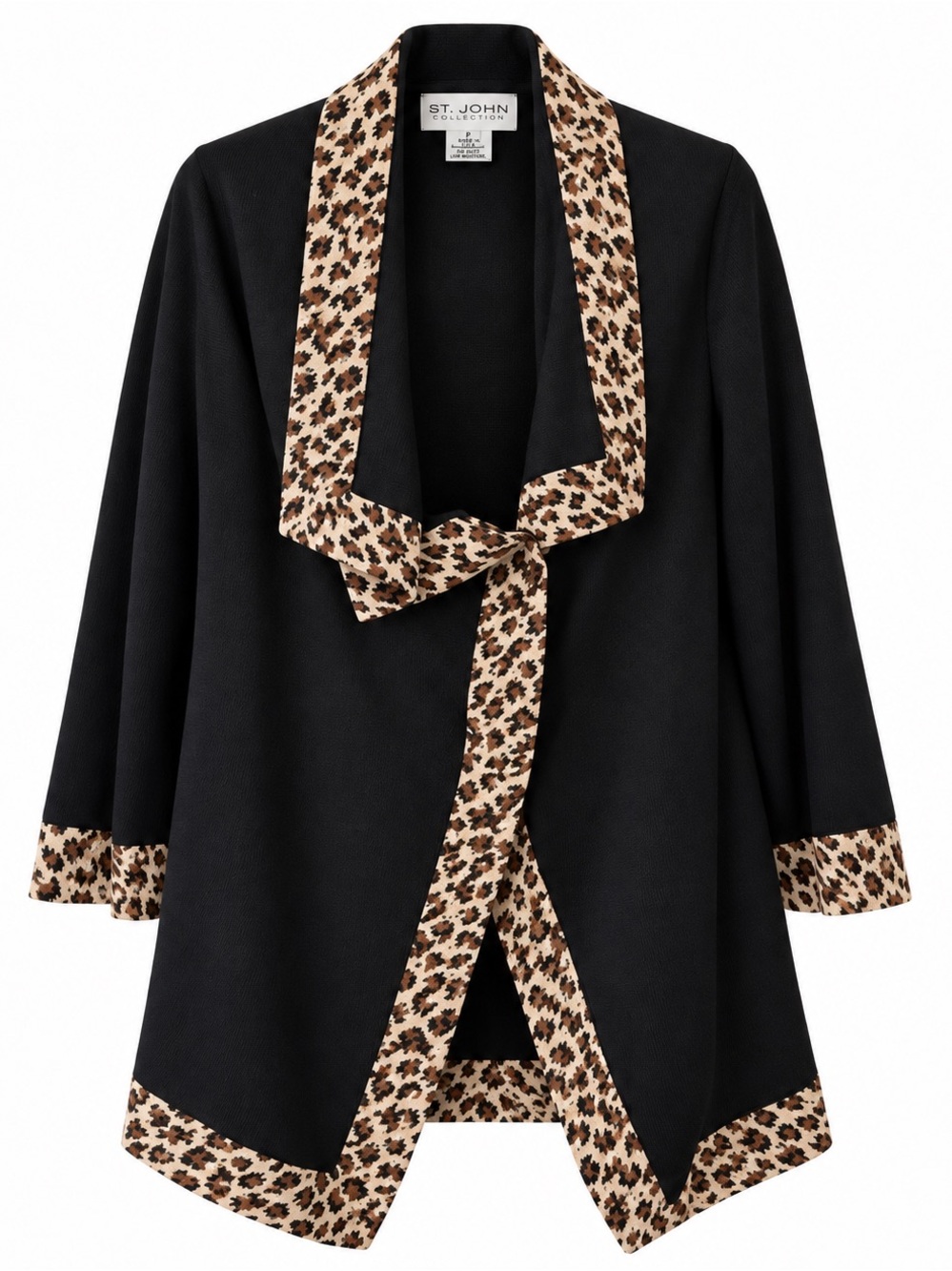 St. John Collection Black Leopard Trim Wrap Cardigan Jacket Size P